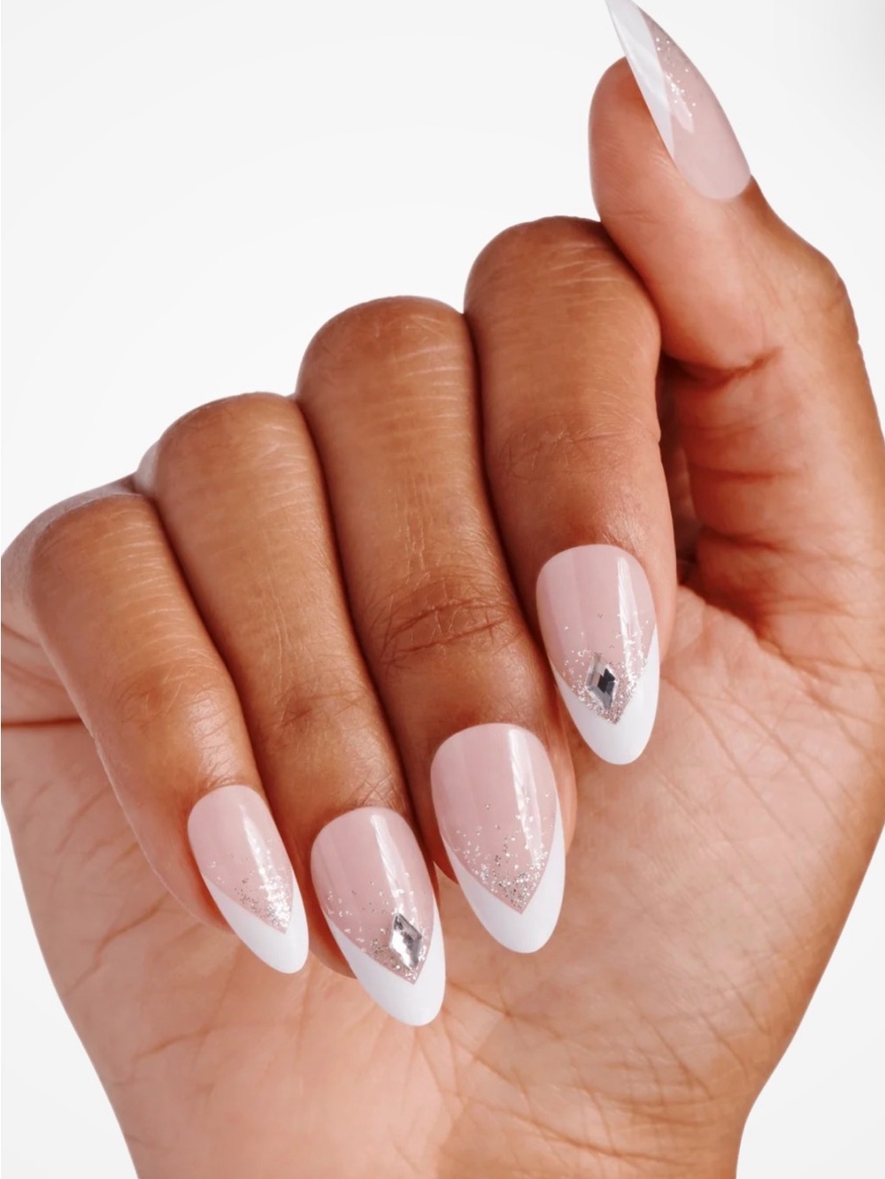 Kiss Sheer Pink & White French Press-On Nails with Silver Accent Gems